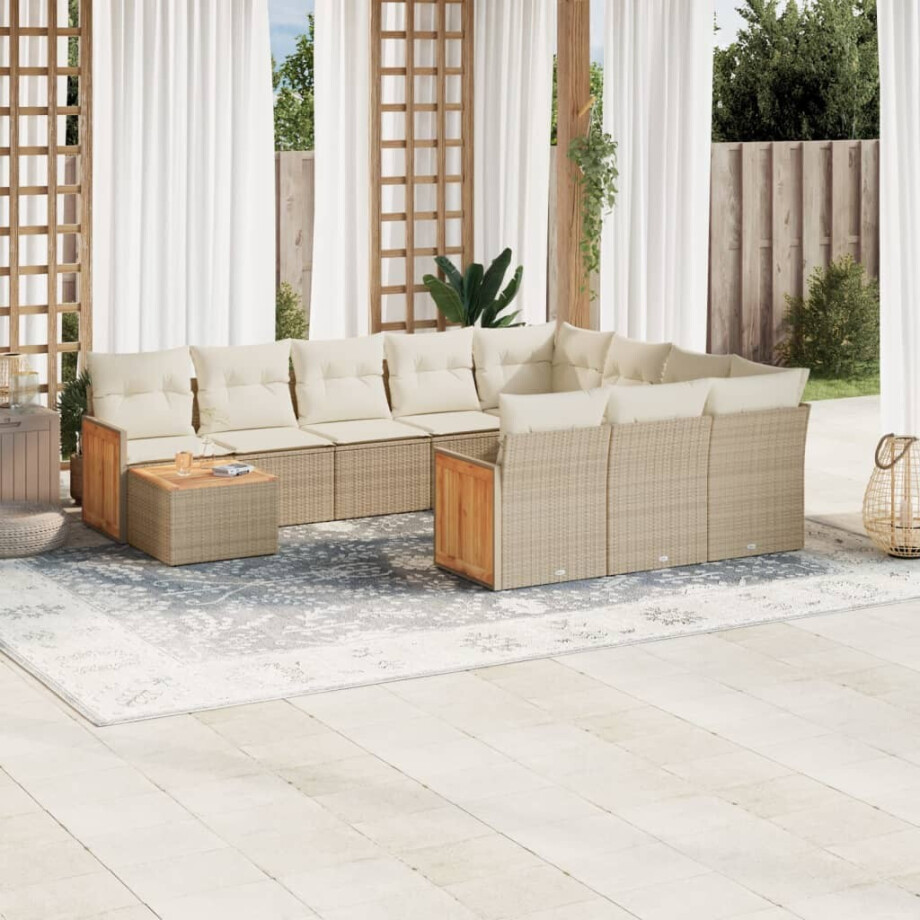 vidaXL 11-delige Tuinset met kussens poly rattan beige afbeelding 1