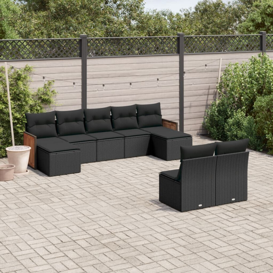 vidaXL 9-delige Loungeset met kussens poly rattan zwart afbeelding 1