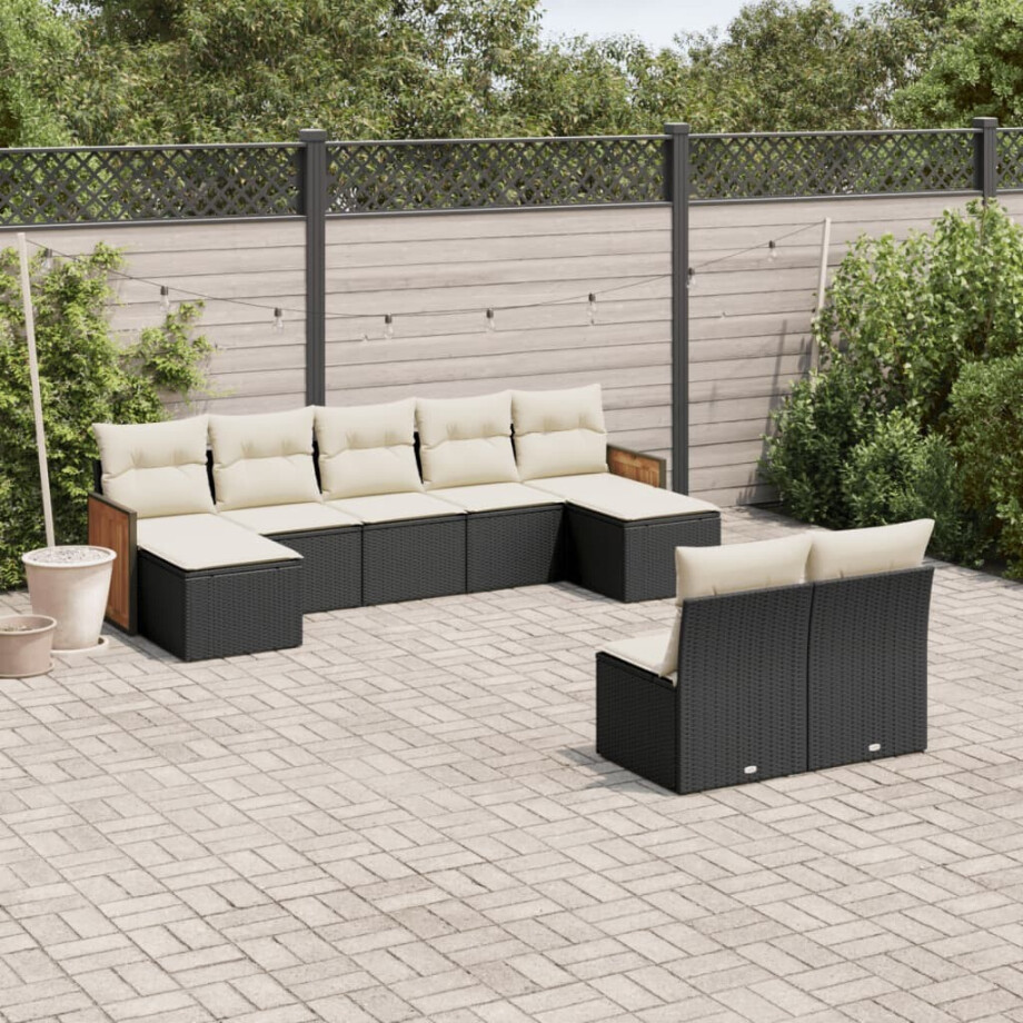 vidaXL 9-delige Loungeset met kussens poly rattan zwart afbeelding 1