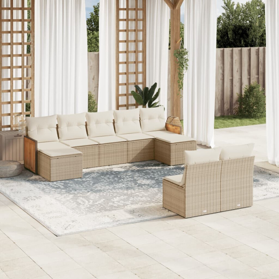 vidaXL 9-delige Loungeset met kussens poly rattan beige afbeelding 1