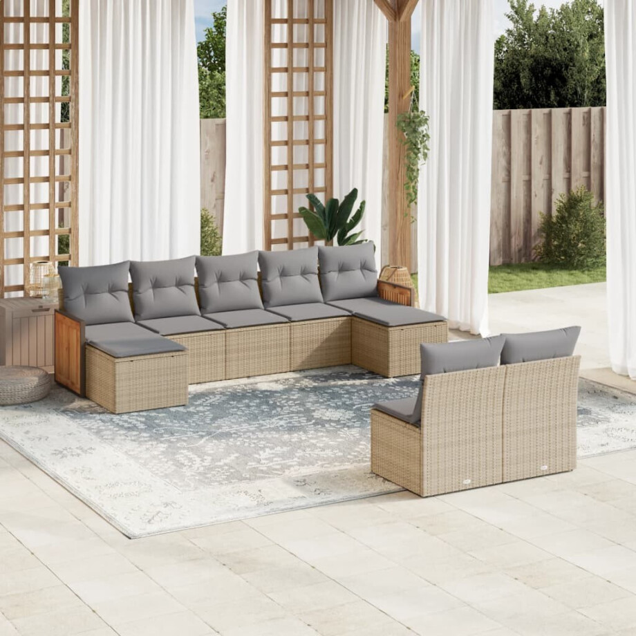 vidaXL 9-delige Loungeset met kussens poly rattan beige vidaXL 9-delige Loungeset met kussens poly rattan beige afbeelding 1