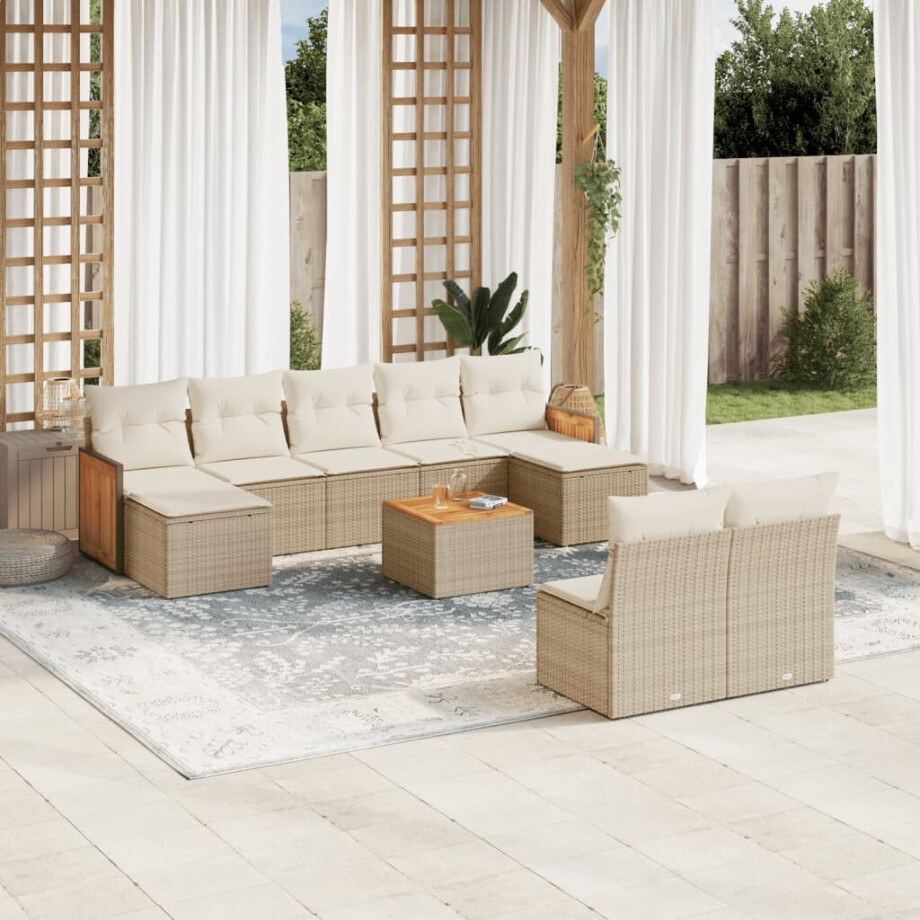 vidaXL 10-delige Loungeset met kussens poly rattan beige afbeelding 1