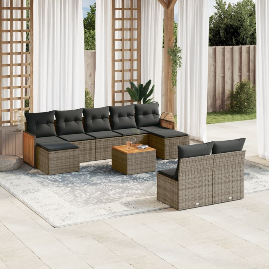 vidaXL 10-delige Loungeset met kussens poly rattan grijs vidaXL 10-delige Loungeset met kussens poly rattan grijs afbeelding 1
