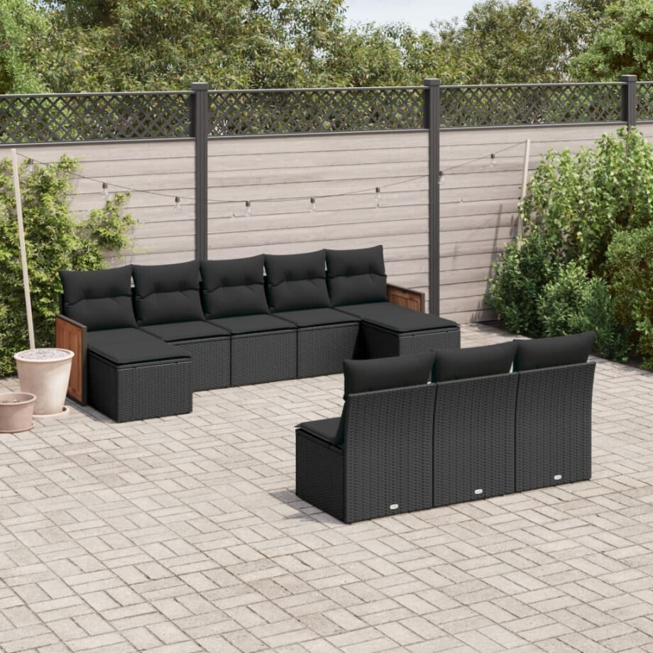 vidaXL 10-delige Loungeset met kussens poly rattan zwart afbeelding 1