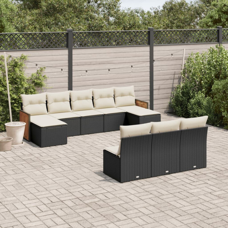 vidaXL 10-delige Loungeset met kussens poly rattan zwart afbeelding 1
