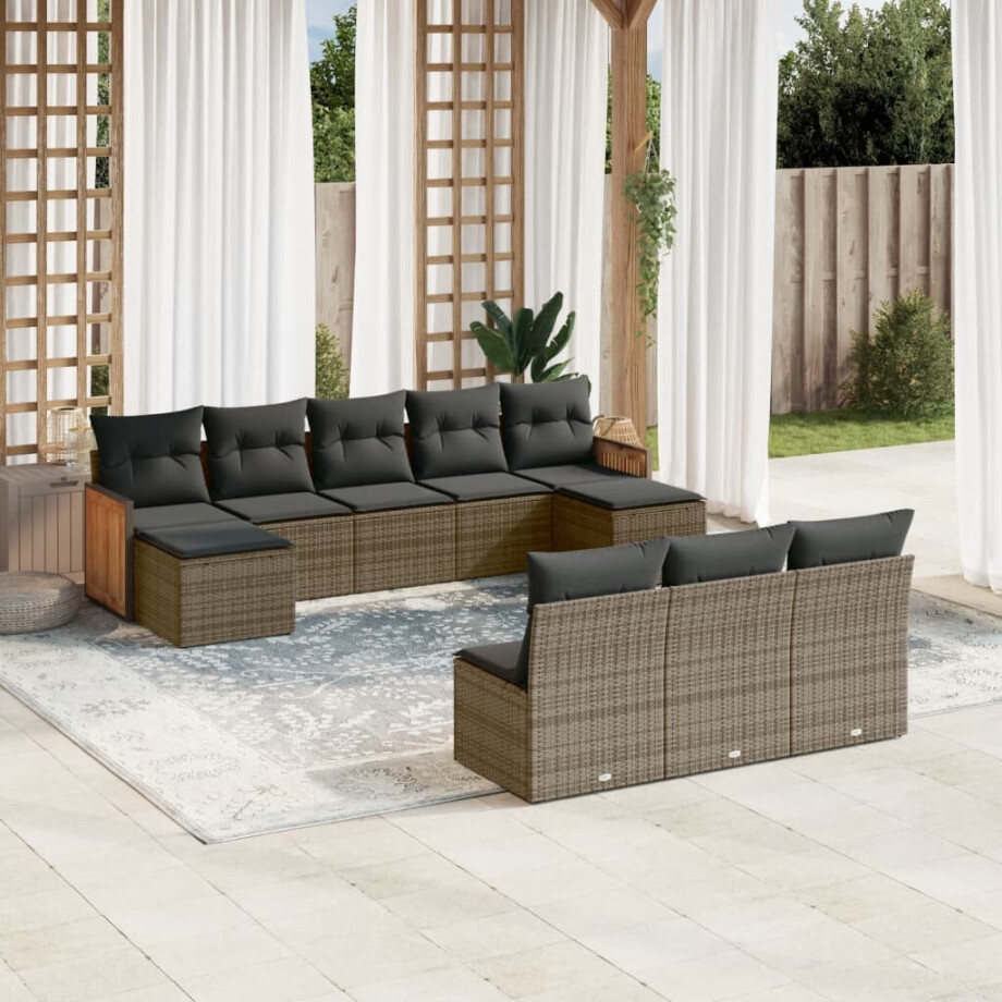 vidaXL 10-delige Loungeset met kussens poly rattan grijs afbeelding 1