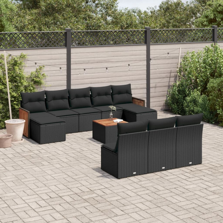 vidaXL 11-delige Loungeset met kussens poly rattan zwart vidaXL 11-delige Loungeset met kussens poly rattan zwart afbeelding 1