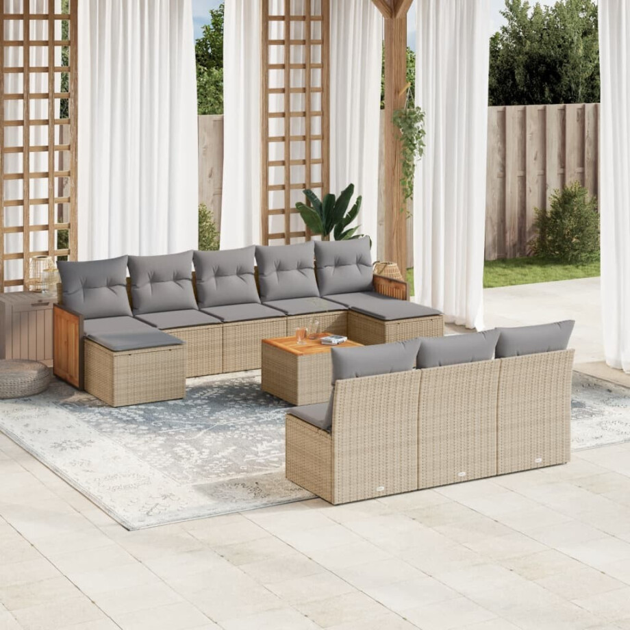 vidaXL 11-delige Tuinset met kussens poly rattan beige afbeelding 1