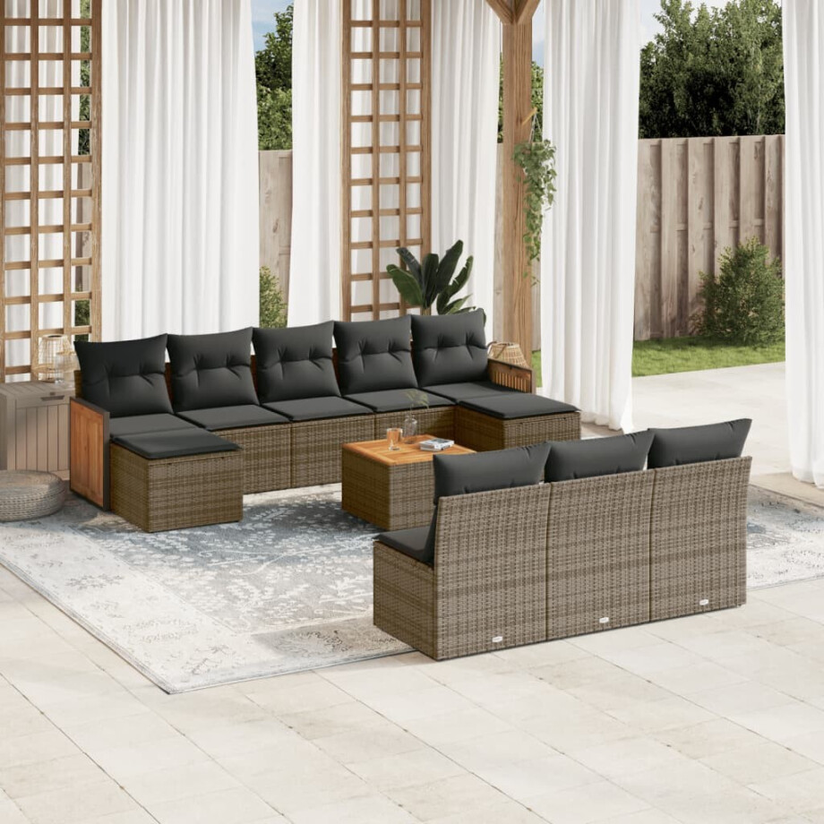 vidaXL 11-delige Loungeset met kussens poly rattan grijs afbeelding 1