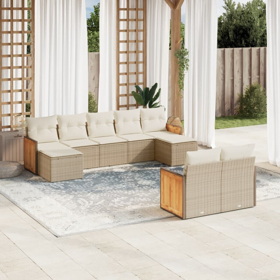 vidaXL 9-delige Loungeset met kussens poly rattan beige afbeelding 1