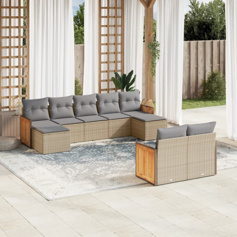 vidaXL 9-delige Loungeset met kussens poly rattan beige afbeelding 1