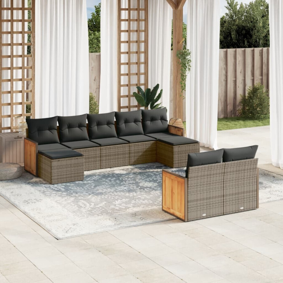 vidaXL 9-delige Loungeset met kussens poly rattan grijs vidaXL 9-delige Loungeset met kussens poly rattan grijs afbeelding 1