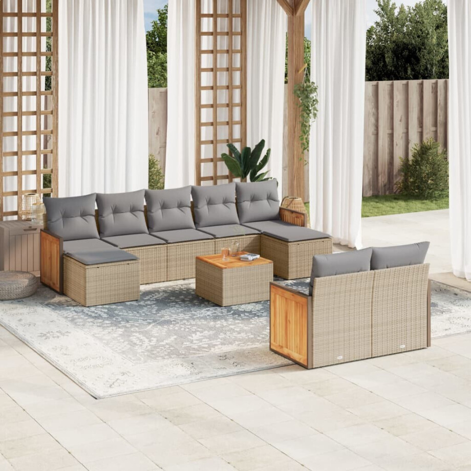 vidaXL 10-delige Loungeset met kussens poly rattan beige afbeelding 1