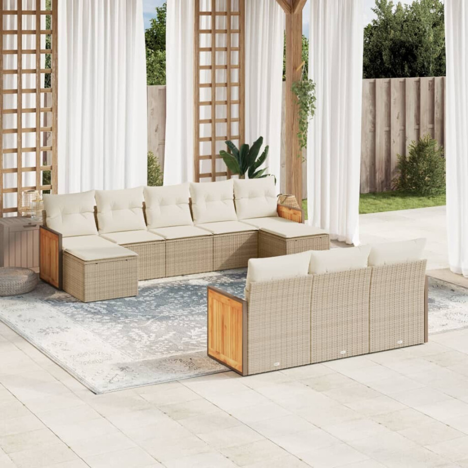 vidaXL 10-delige Loungeset met kussens poly rattan beige afbeelding 1