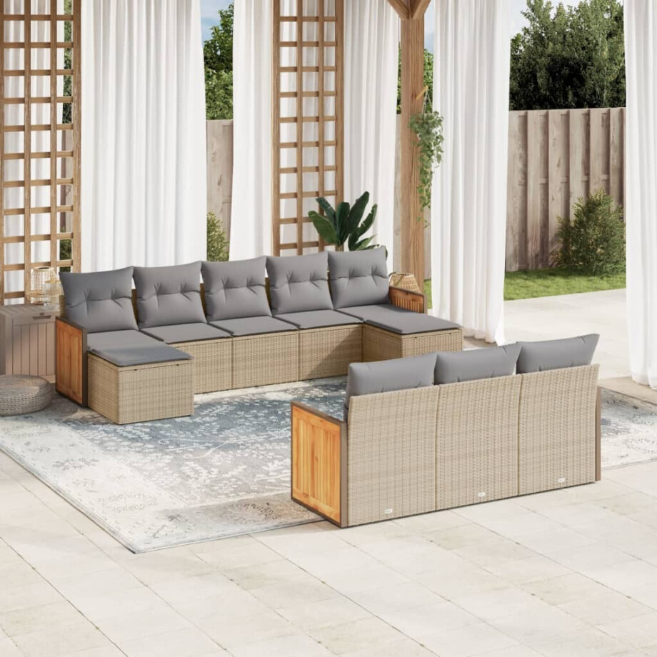 vidaXL 10-delige Loungeset met kussens poly rattan beige afbeelding 1