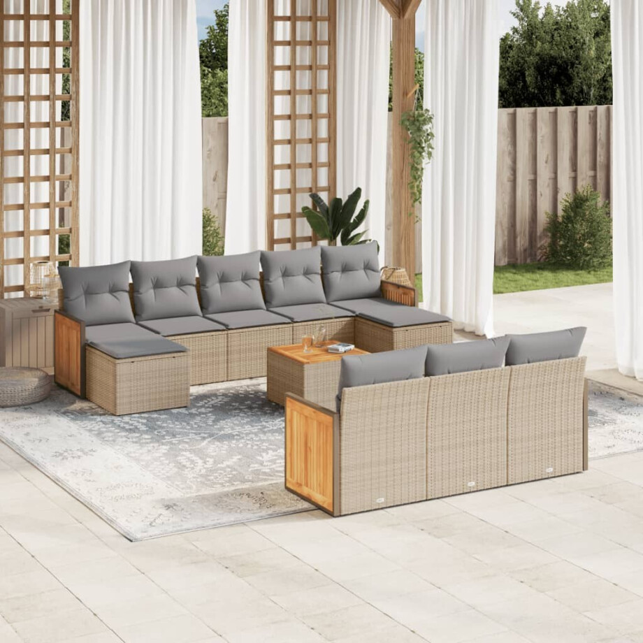 vidaXL 11-delige Tuinset met kussens poly rattan beige afbeelding 1