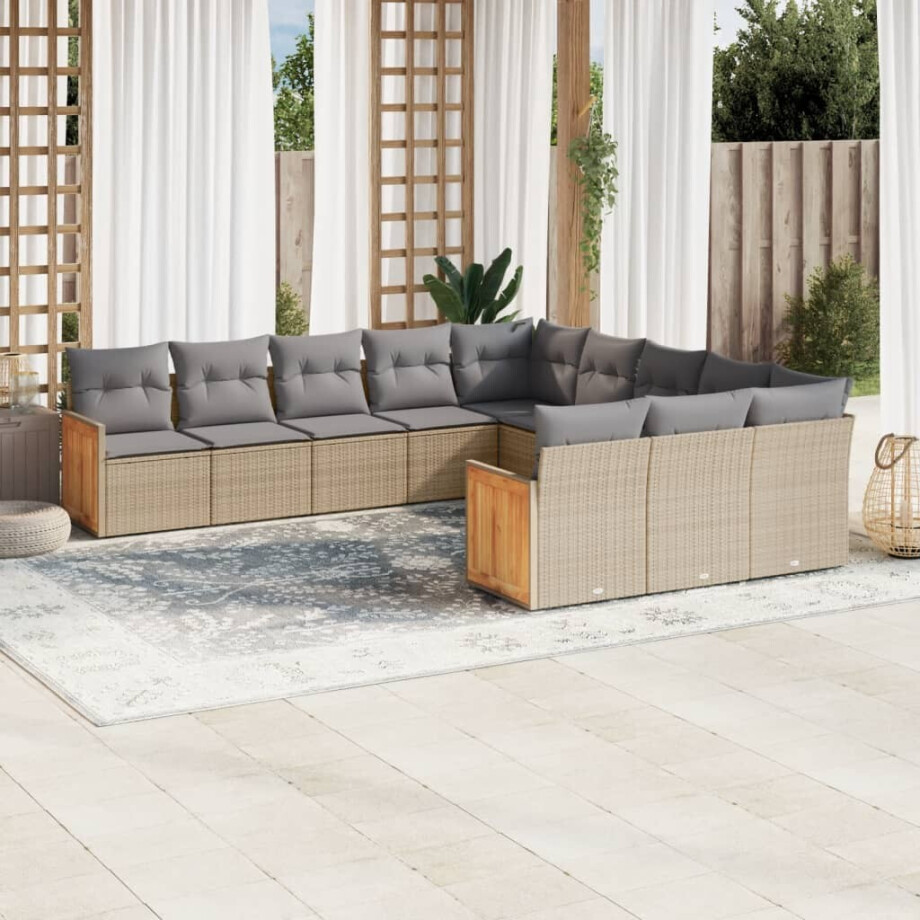 vidaXL 11-delige Tuinset met kussens poly rattan beige afbeelding 1