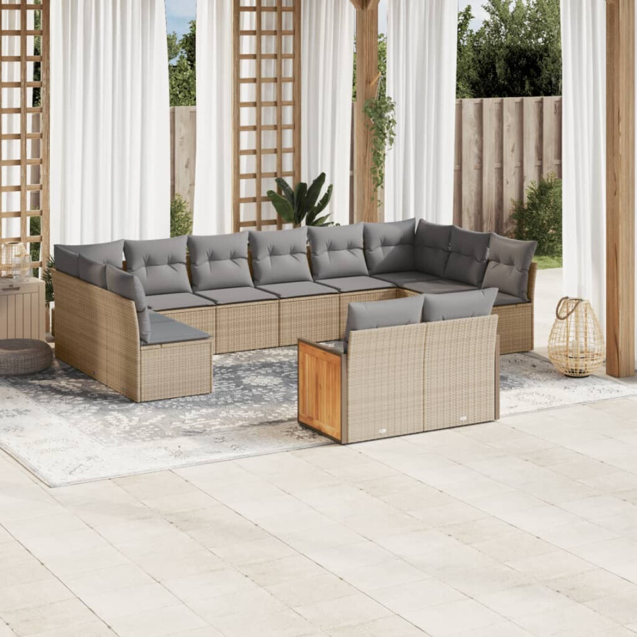 vidaXL 12-delige Loungeset met kussens poly rattan beige afbeelding 1