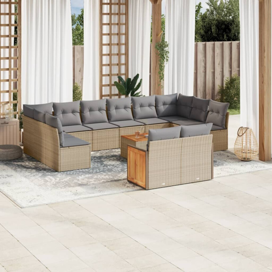 vidaXL 13-delige Loungeset met kussens poly rattan beige afbeelding 1