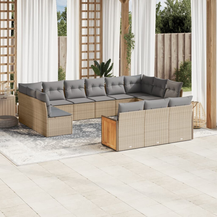 vidaXL 13-delige Loungeset met kussens poly rattan beige afbeelding 1