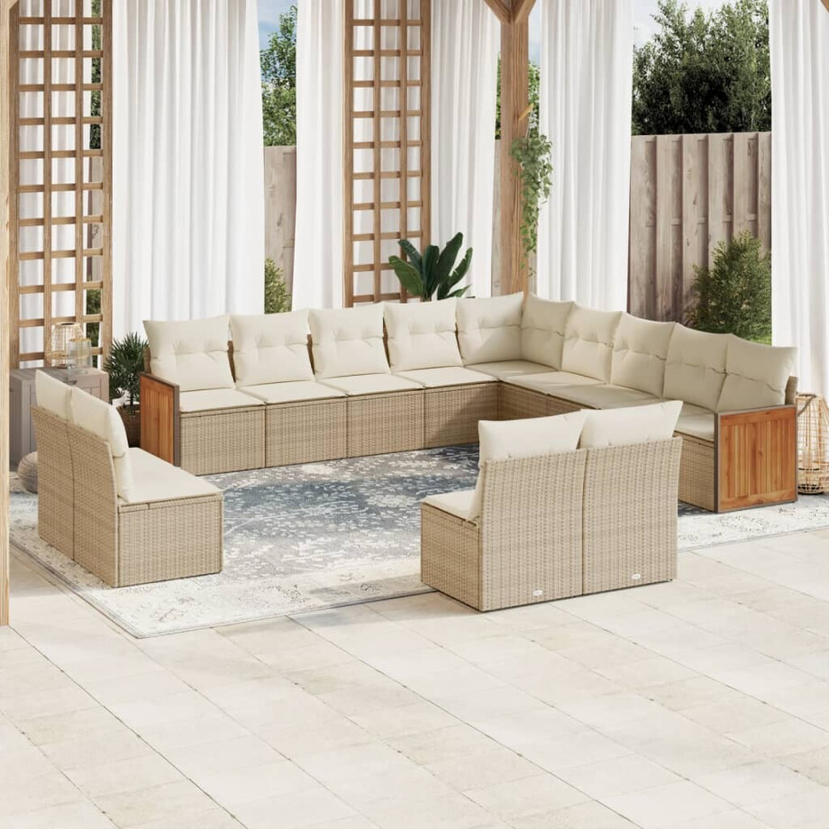 vidaXL 13-delige Loungeset met kussens poly rattan beige afbeelding 1