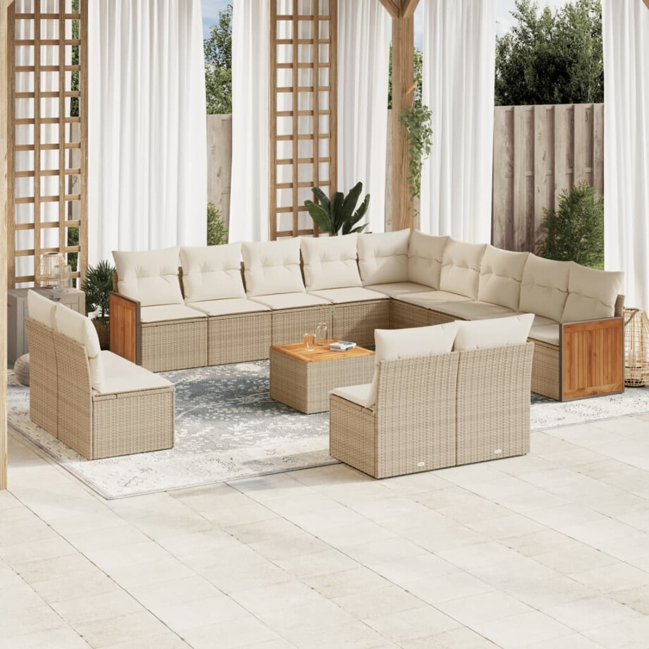 vidaXL 14-delige Loungeset met kussens poly rattan beige afbeelding 1