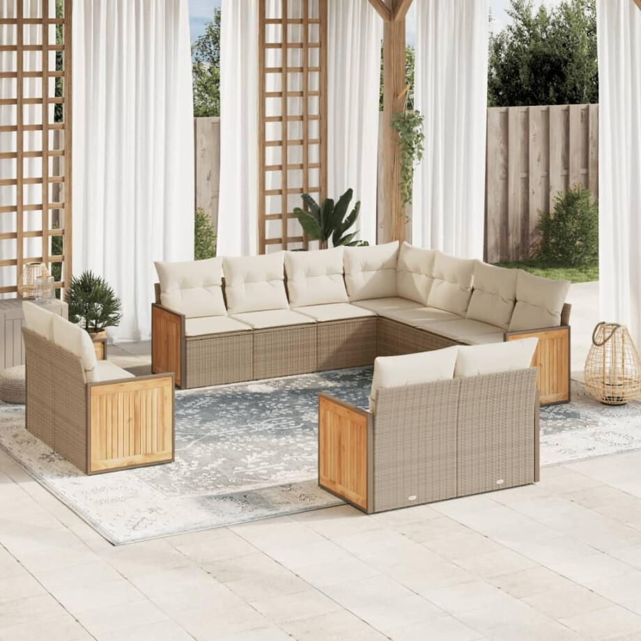 vidaXL 11-delige Tuinset met kussens poly rattan beige afbeelding 1