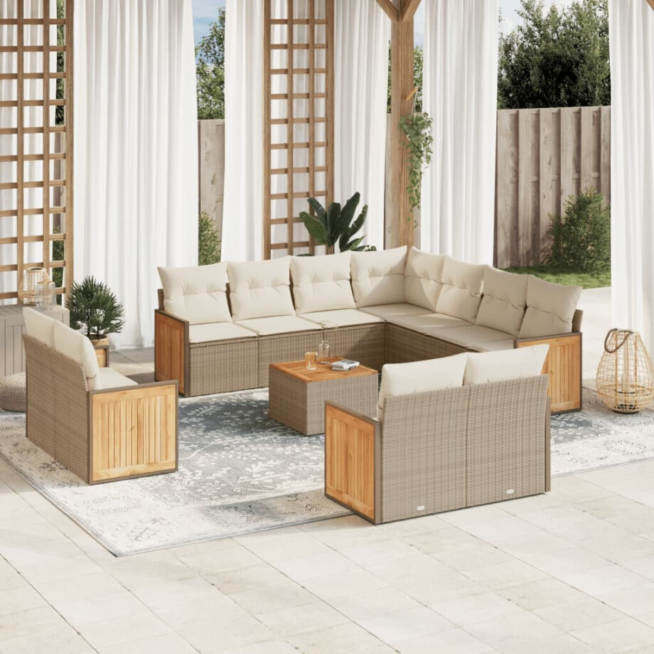 vidaXL 12-delige Loungeset met kussens poly rattan beige afbeelding 1