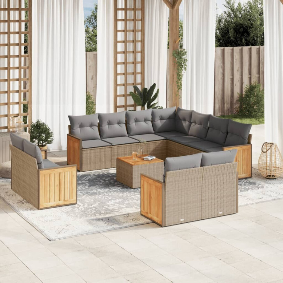 vidaXL 12-delige Loungeset met kussens poly rattan beige afbeelding 1