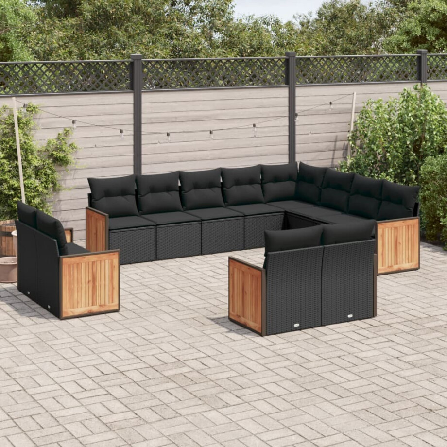 vidaXL 12-delige Loungeset met kussens poly rattan zwart vidaXL 12-delige Loungeset met kussens poly rattan zwart afbeelding 1