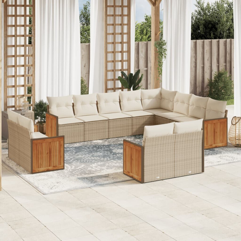 vidaXL 12-delige Loungeset met kussens poly rattan beige afbeelding 1