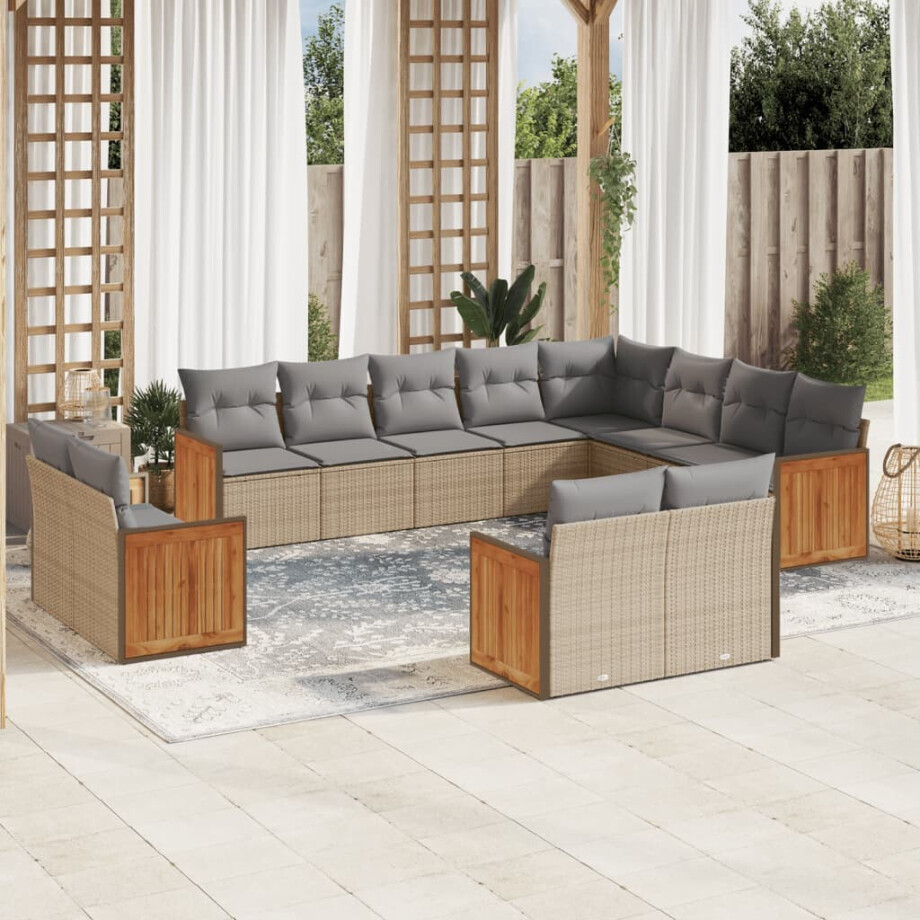 vidaXL 12-delige Loungeset met kussens poly rattan beige afbeelding 1