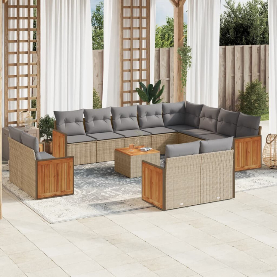vidaXL 13-delige Loungeset met kussens poly rattan beige afbeelding 1