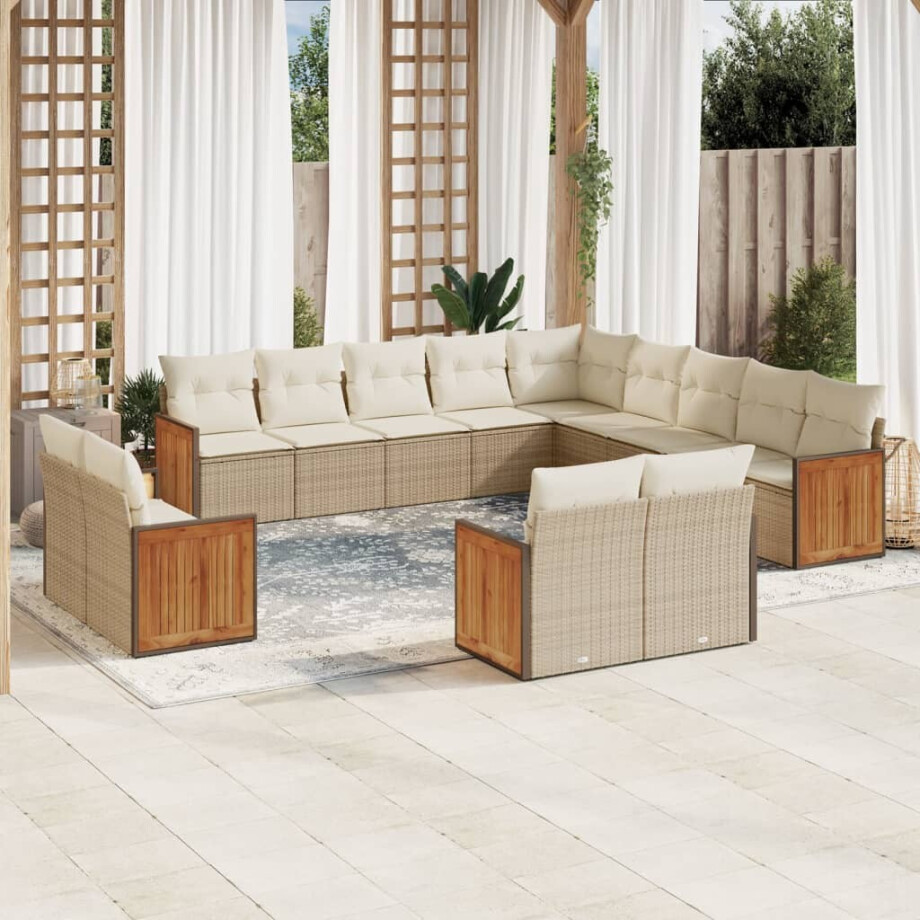 vidaXL 13-delige Loungeset met kussens poly rattan beige afbeelding 1