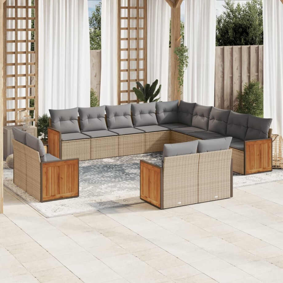 vidaXL 13-delige Loungeset met kussens poly rattan beige afbeelding 1
