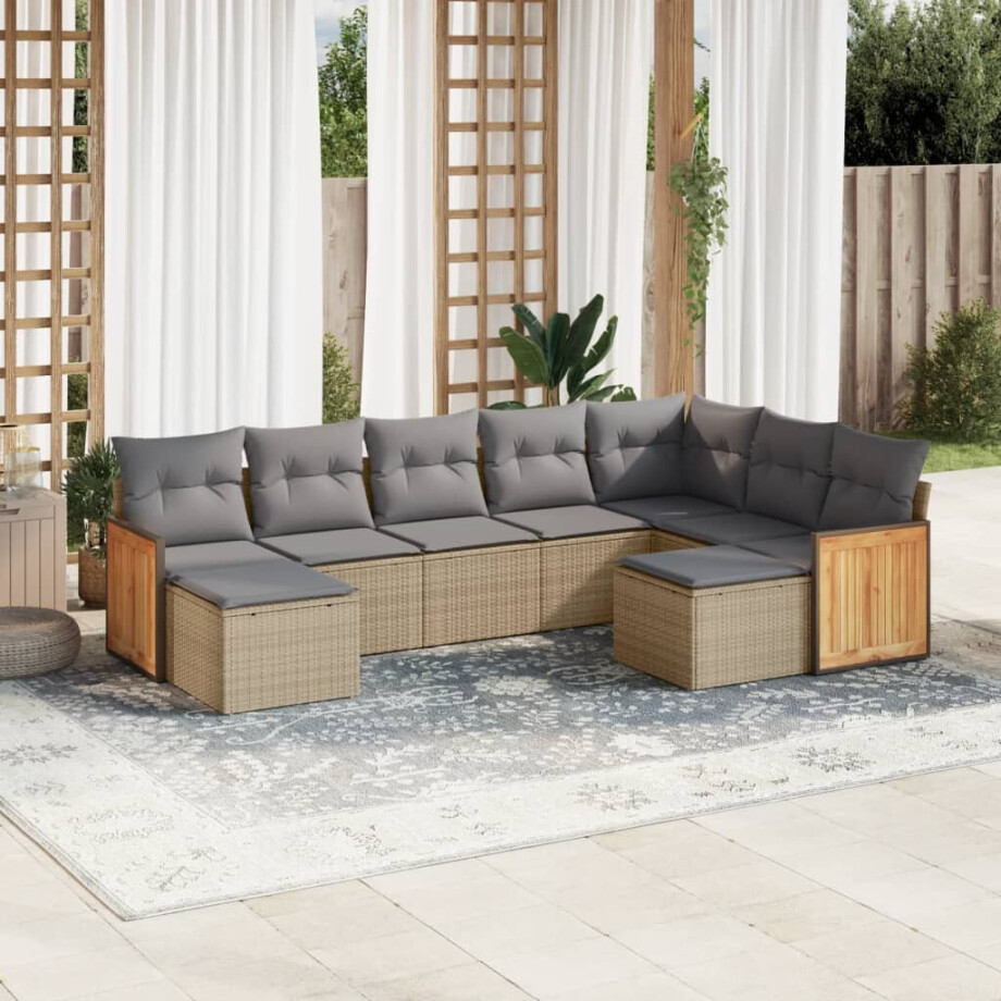 vidaXL 9-delige Loungeset met kussens poly rattan beige afbeelding 1