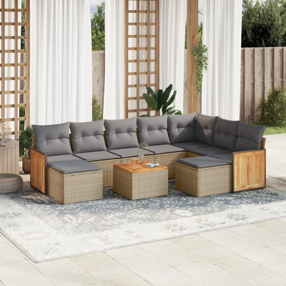 vidaXL 10-delige Loungeset met kussens poly rattan beige afbeelding 1