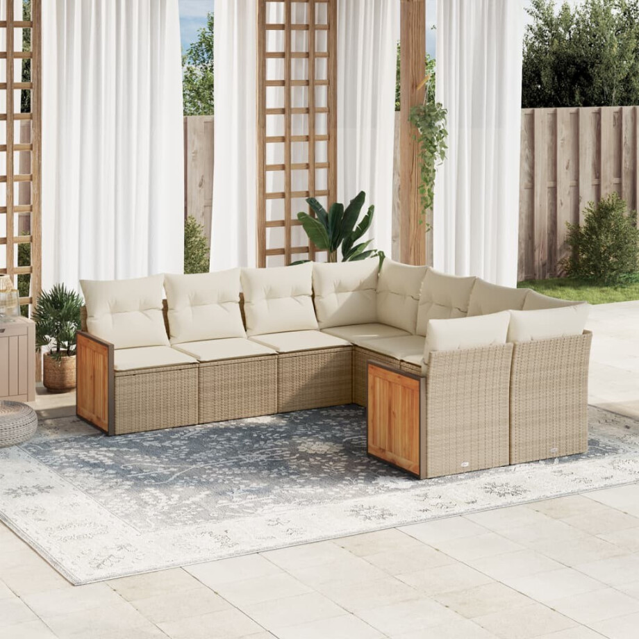vidaXL 8-delige Loungeset met kussens poly rattan beige afbeelding 1