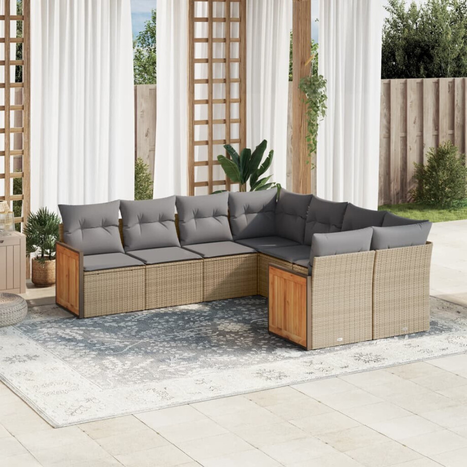vidaXL 8-delige Loungeset met kussens poly rattan beige afbeelding 1