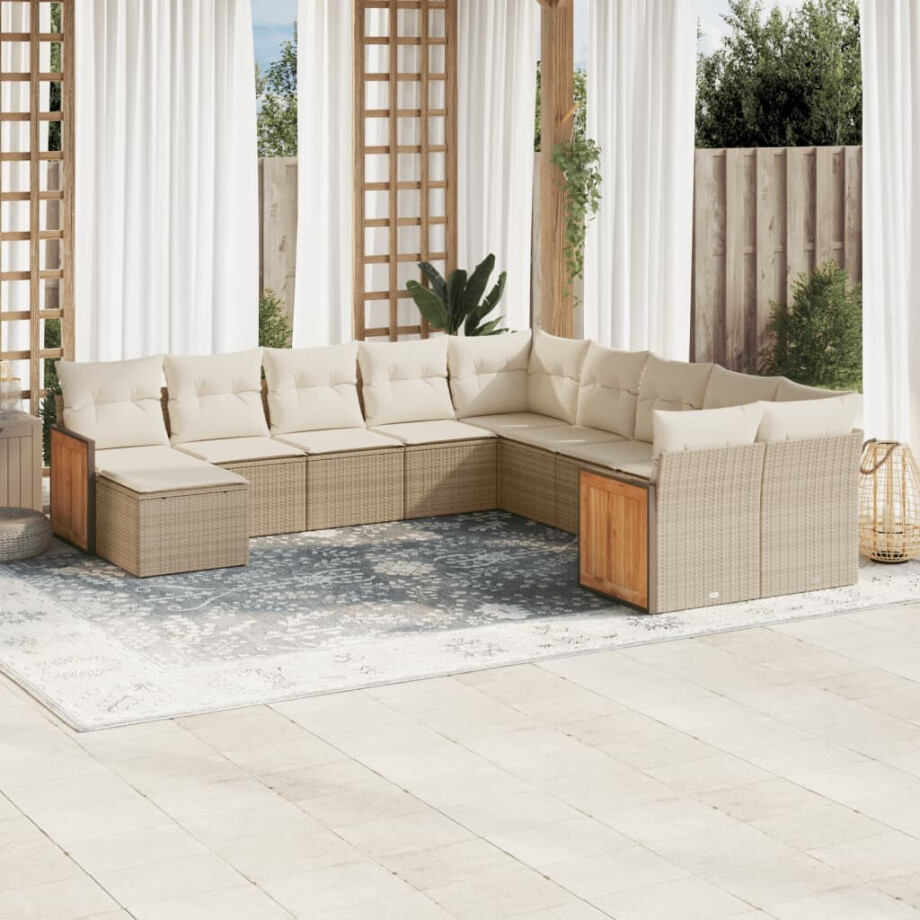vidaXL 11-delige Tuinset met kussens poly rattan beige afbeelding 1