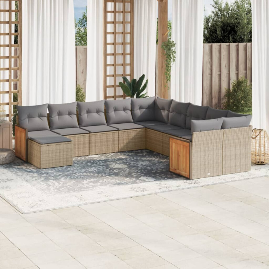 vidaXL 11-delige Tuinset met kussens poly rattan beige afbeelding 1