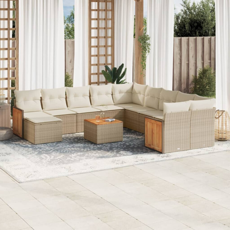 vidaXL 12-delige Loungeset met kussens poly rattan beige afbeelding 1