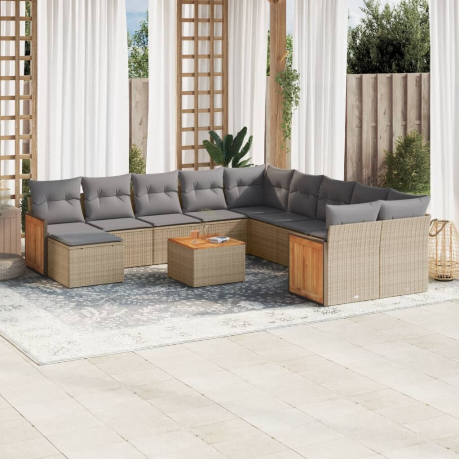 vidaXL 12-delige Loungeset met kussens poly rattan beige afbeelding 1