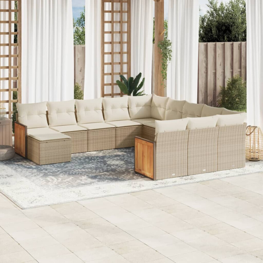 vidaXL 12-delige Loungeset met kussens poly rattan beige afbeelding 1