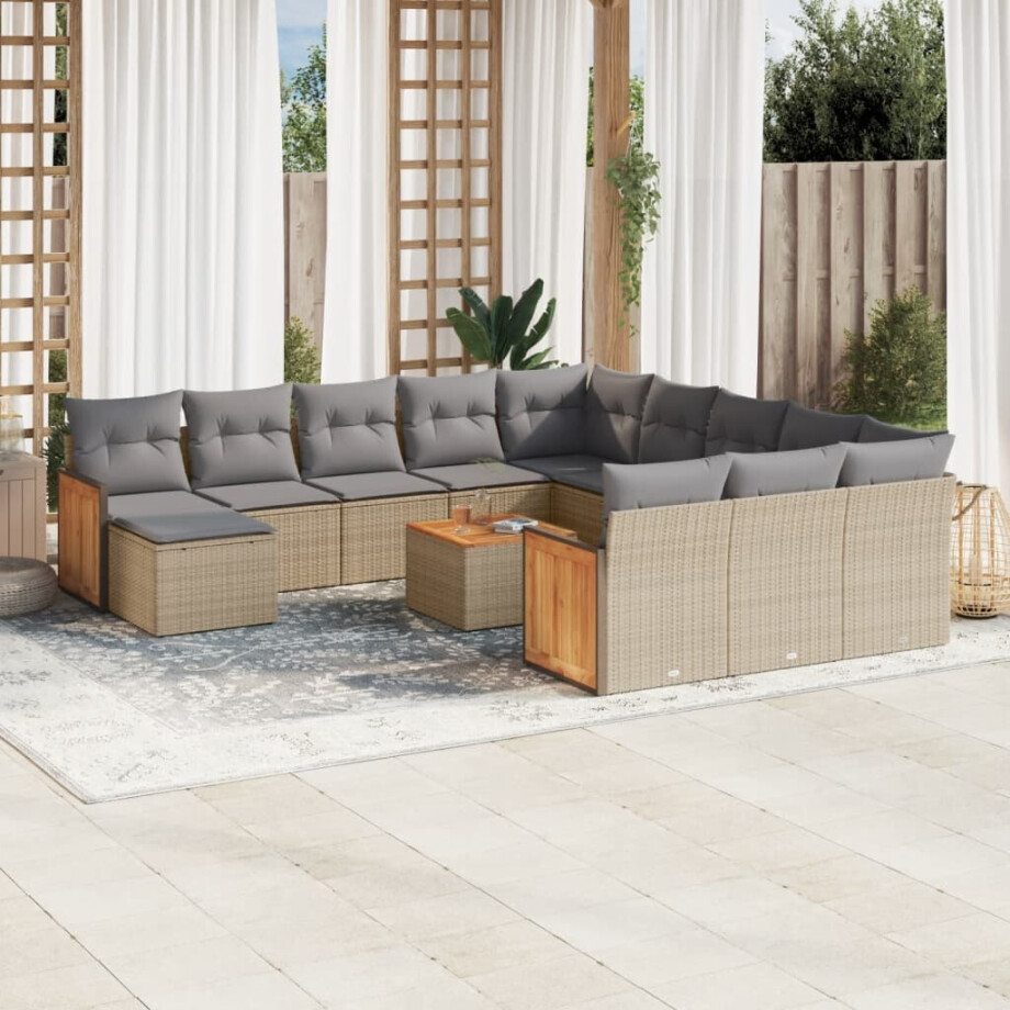 vidaXL 13-delige Loungeset met kussens poly rattan beige afbeelding 1