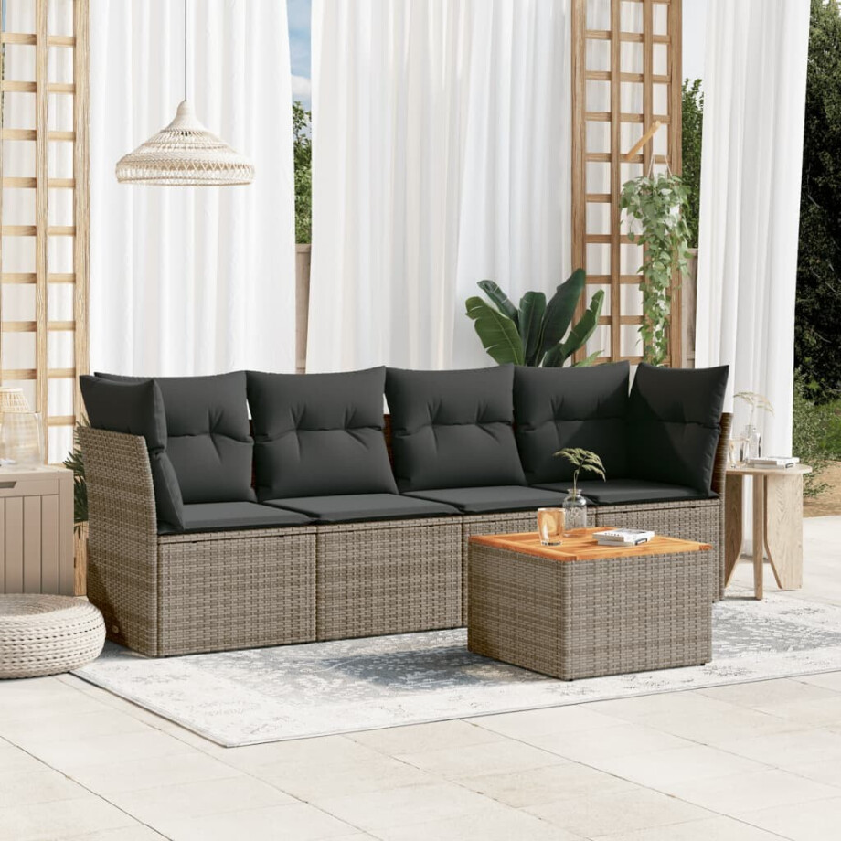 vidaXL 5-delige Loungeset met kussens poly rattan grijs afbeelding 1