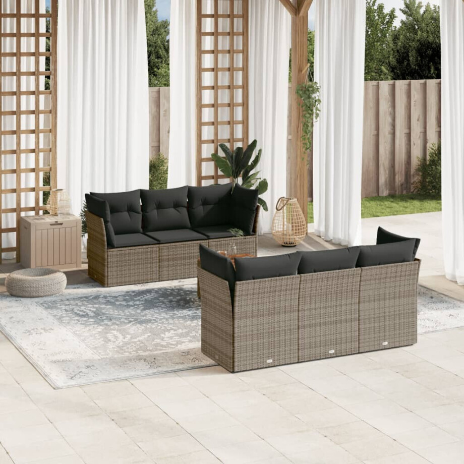 vidaXL 7-delige Loungeset met kussens poly rattan grijs afbeelding 1