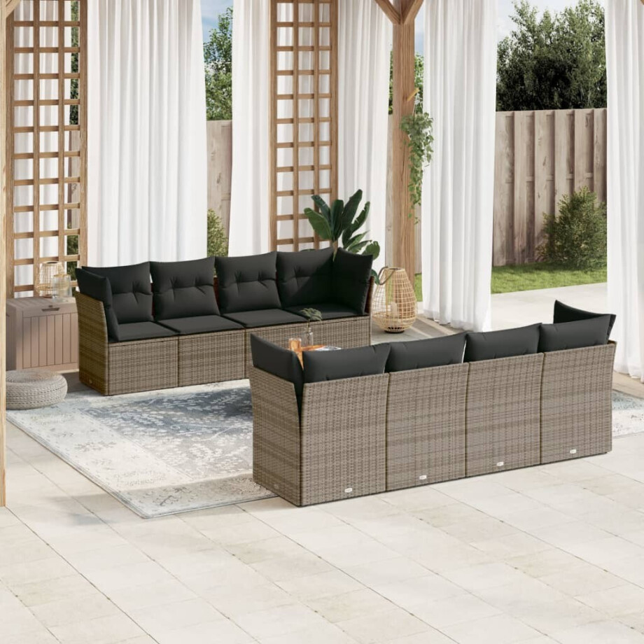 vidaXL 9-delige Loungeset met kussens poly rattan grijs afbeelding 1