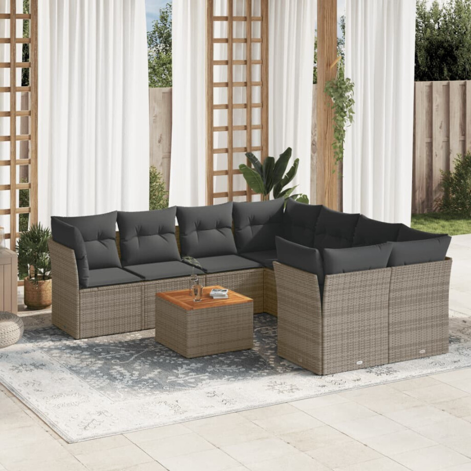 vidaXL 9-delige Loungeset met kussens poly rattan grijs afbeelding 1
