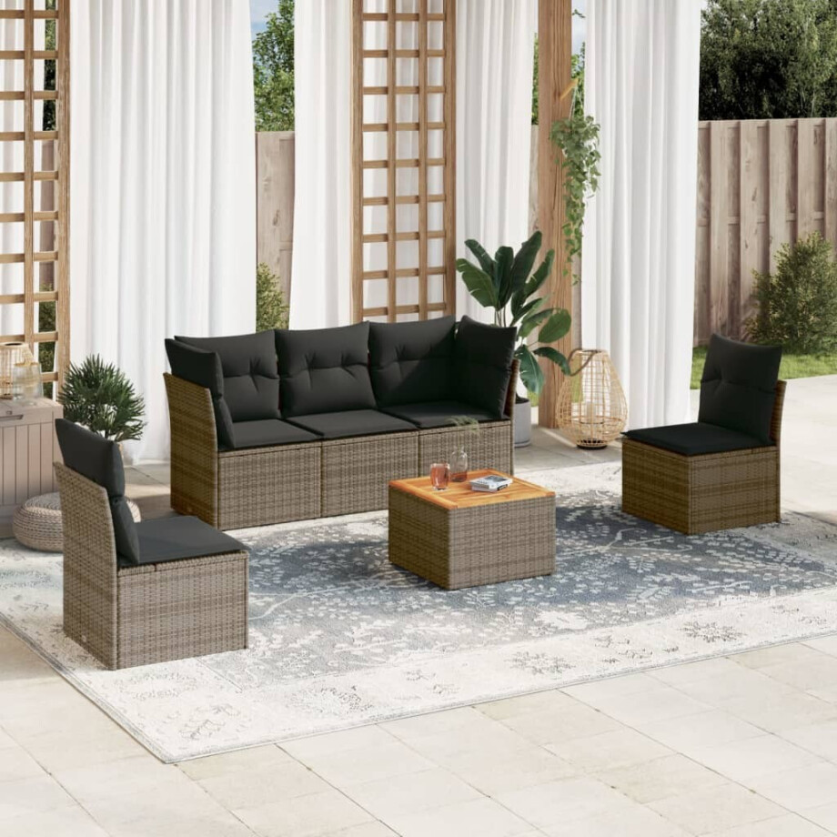 vidaXL 6-delige Loungeset met kussens poly rattan grijs afbeelding 1